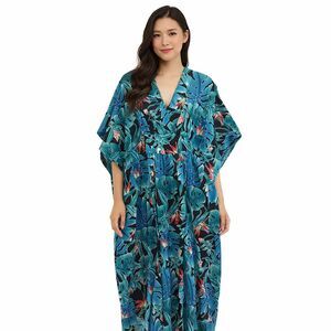 VTG 80s Hilo Hattie Kaftan One Size Maxi Muumuu Dress Turquoise Hawaiian Floral